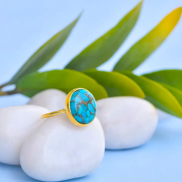 BLUE COPPER TURQUOISE ROUND CUSHION RING